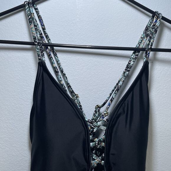 Ambrielle Size Large Black Plunge One Piece Swimsuit Tie Straps - Picture 2 of 6